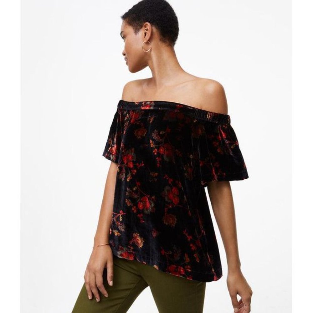 Loft Ann Taylor velvet floral off‎ the shoulder top